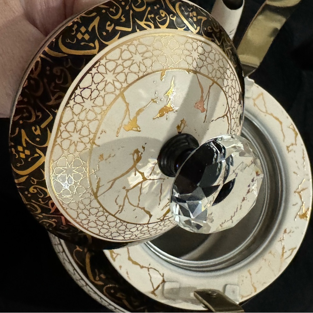 Ornate Unique Arabic Style Tea Kettle Black Cream Gold Patterned Vintage Look - Picture 12 of 16